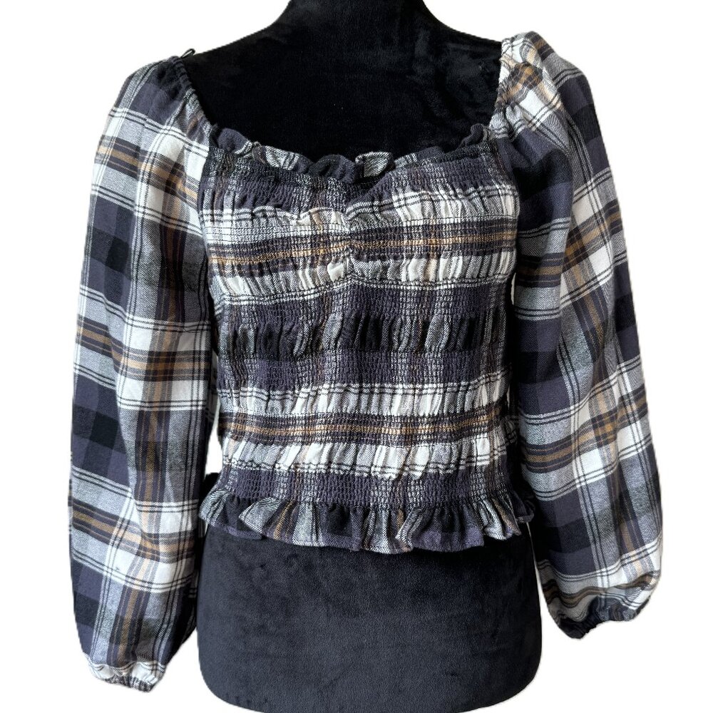 NORDSTROM RACK NWT LOVE TREE CROP STRETCHY BROWN PLAID TOP